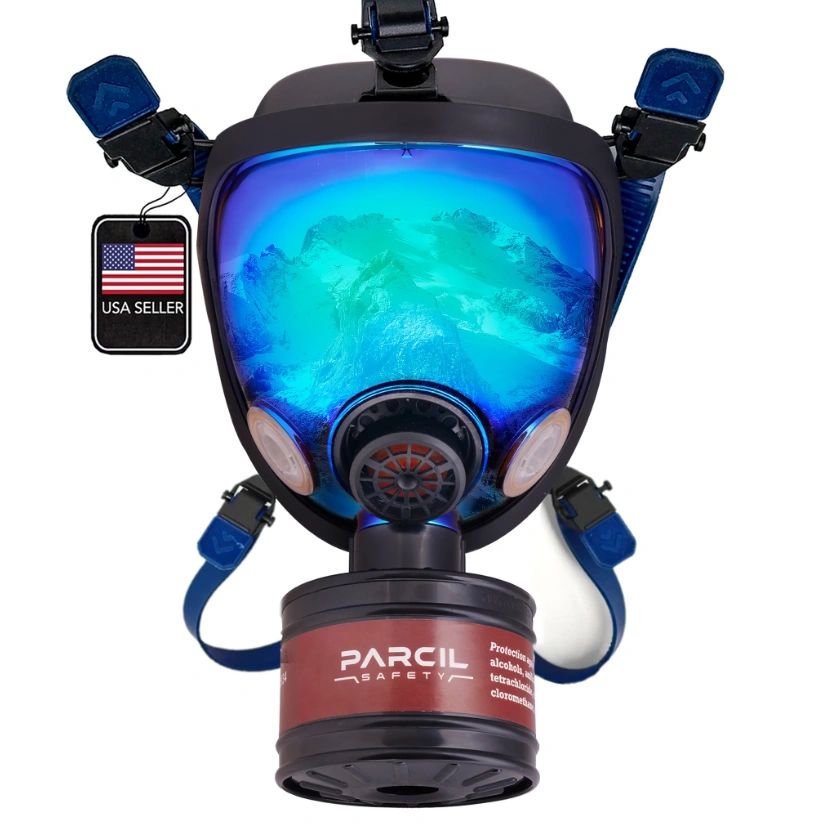 PARCIL SAFETY ARCTIC BLUE MIRRORED FULL FACE RESPIRATOR GAS MASK with ORGANIC VAPOR and